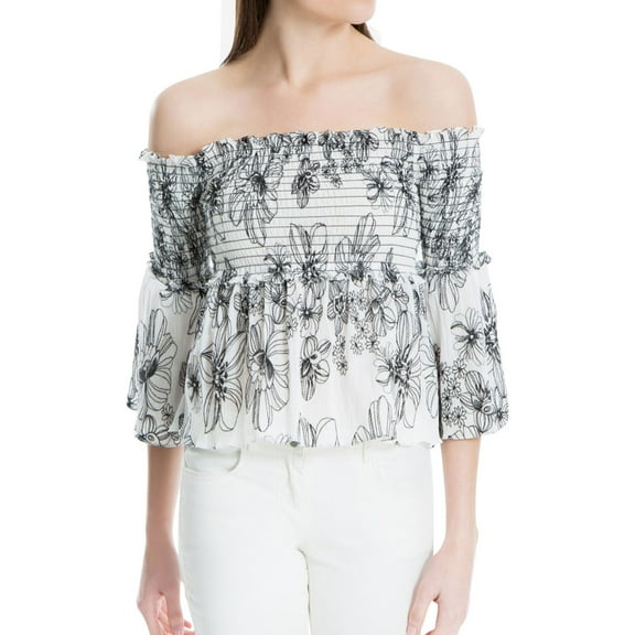 Max Studio London Womens Smocked Knit Blouse, White, X-Small