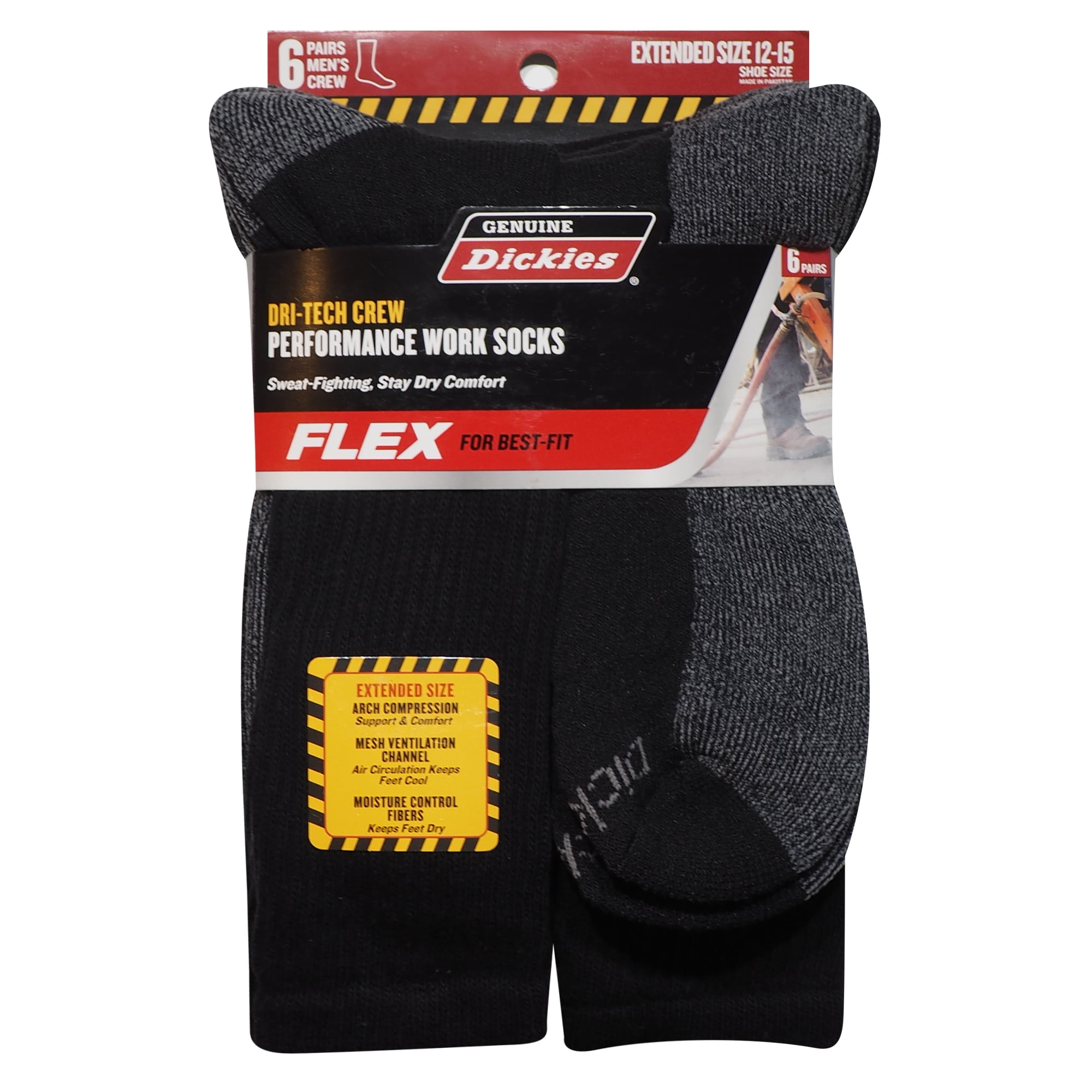 Dickies Mens 6 Pack Dri-Tech Comfort Crew Socks Big & Tall Black Grey Size 12-15 
