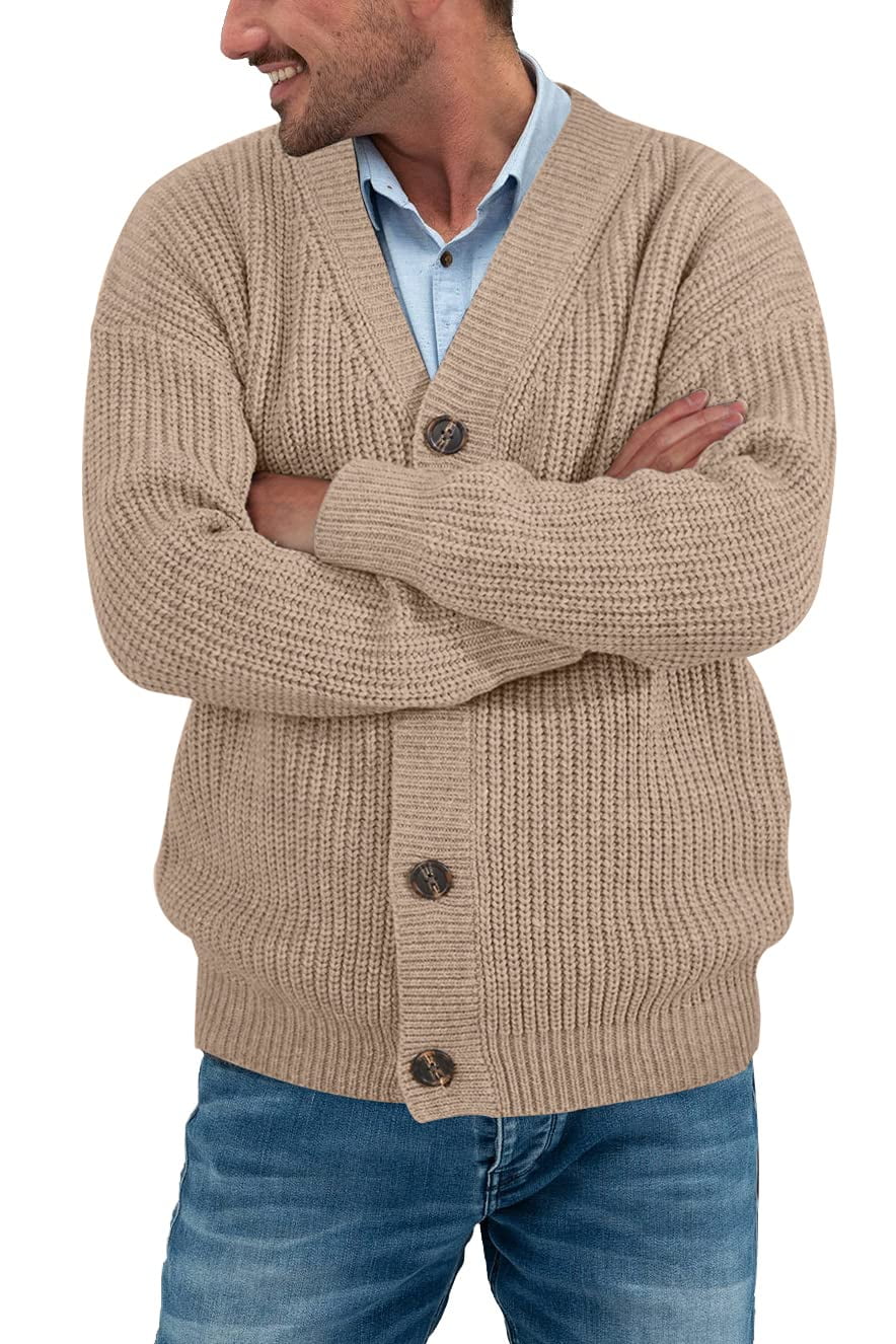 Sherrylily Men Cable Knit Cardigan Sweater Loose Fit Open Front Button