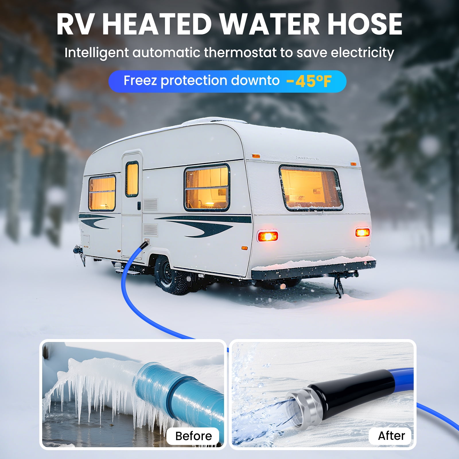 15FT Heated Water Hose for RV - Freeze Protection Down to -45°F, Food-Grade Safe Material, Smart Temperature Control, Ideal for RV, Camping, and Home