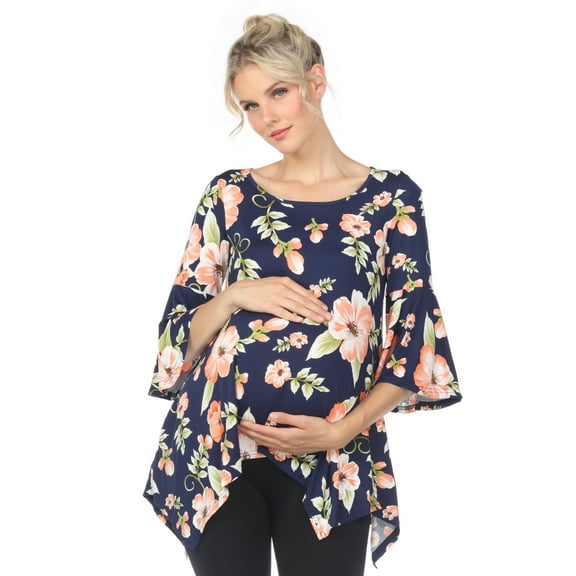 White Mark Women's Maternity Floral Bell Sleeve Tunic Top