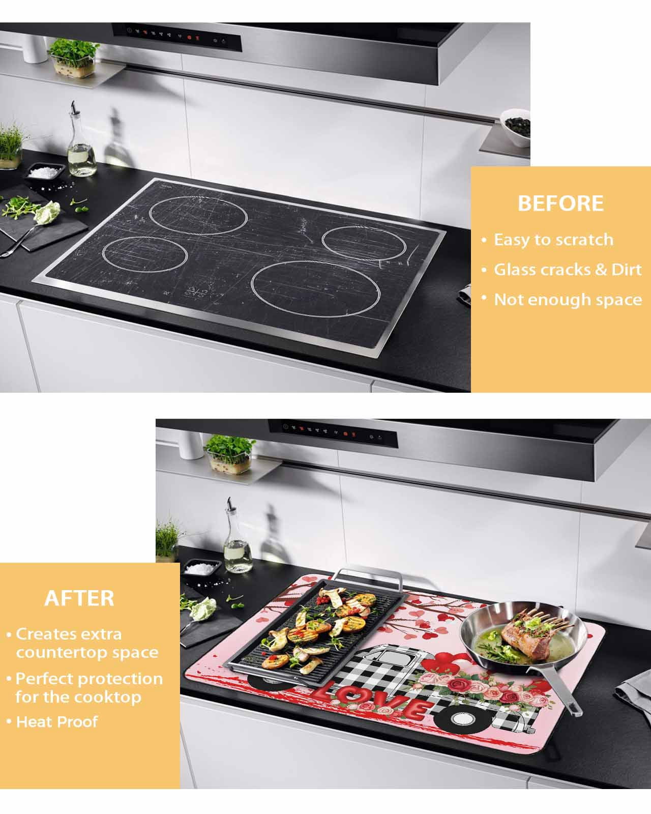 Large Induction Cooktop Protector Mat Valentine's Day Stove Top Covers for Electric Stove, Ombre Pink Love Tree Truck Roses Plaid Decorative Stove Burner Cover Mats, Glass Top Stove Cover