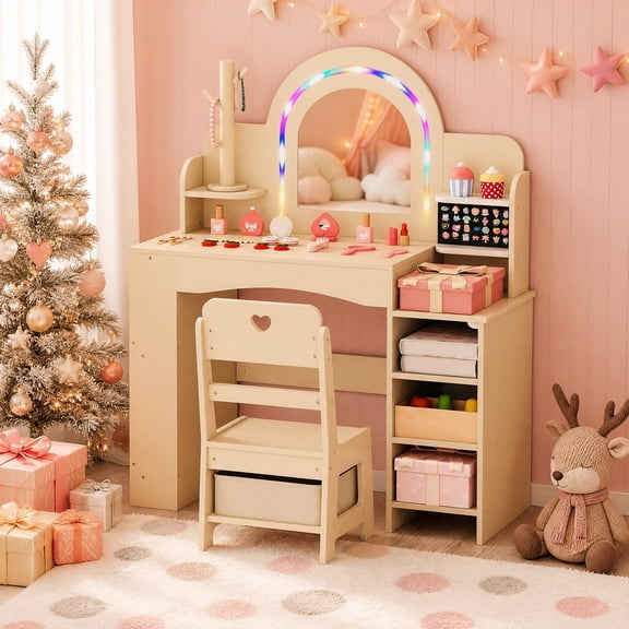 Costway Kids Vanity Set with Colorful LED Lights, Chair, Storage Shelves, Jewelry Stand Natural