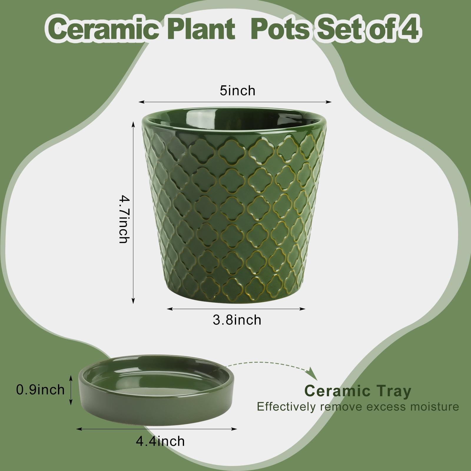BUYMAX 5 inch Blackish Green Ceramic Indoor Plant Pots with Drainage Holes and Tray, Relief Design, Set of 4, Modern Minimalist Decor