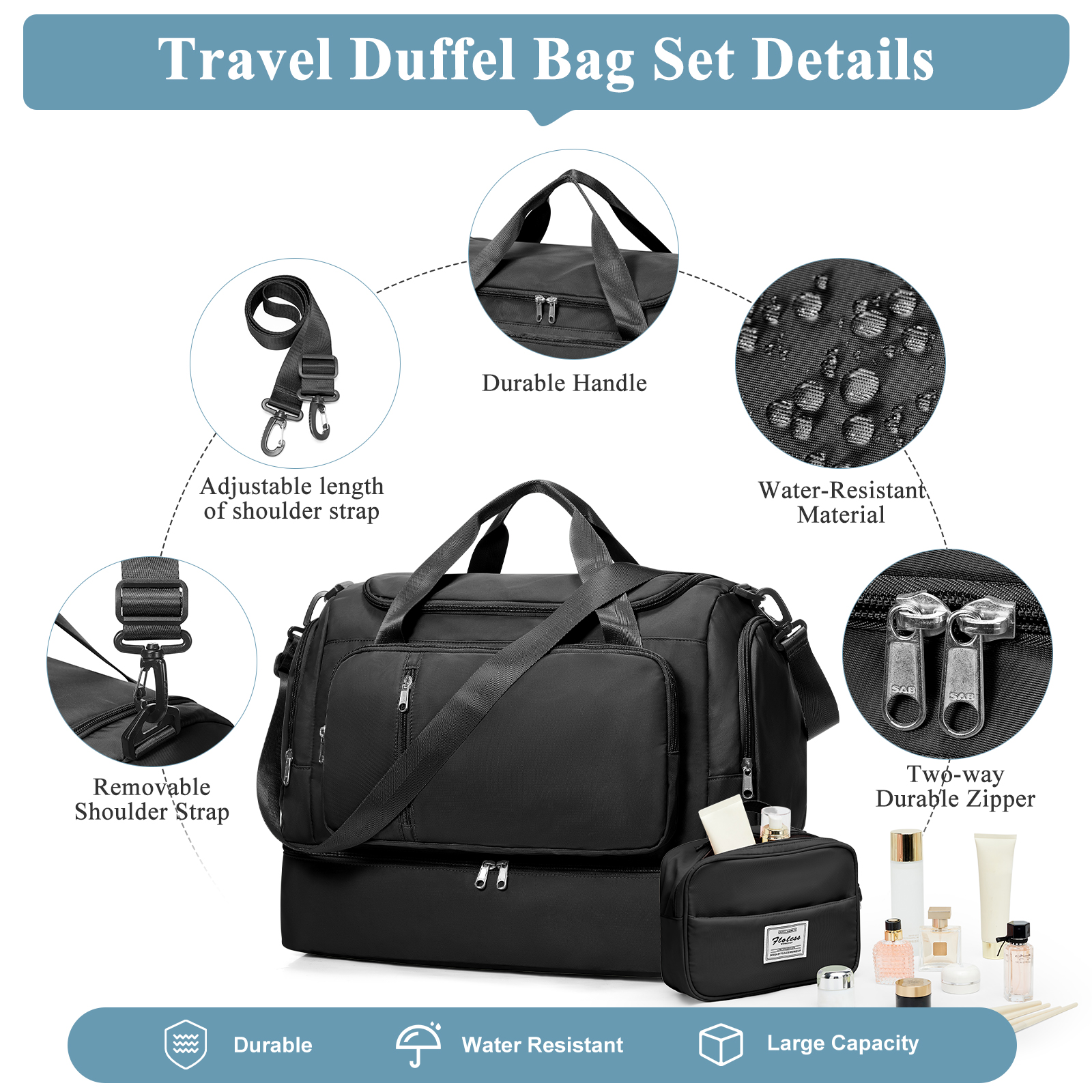 SYCNB Large Weekend Bag for Women, Best Weekender Travel Bag with Shoes Compartment & Toiletry Bag, Duffel Tote Bag for Gym Travel Hospital, Carry-On Overnight Bag, Black