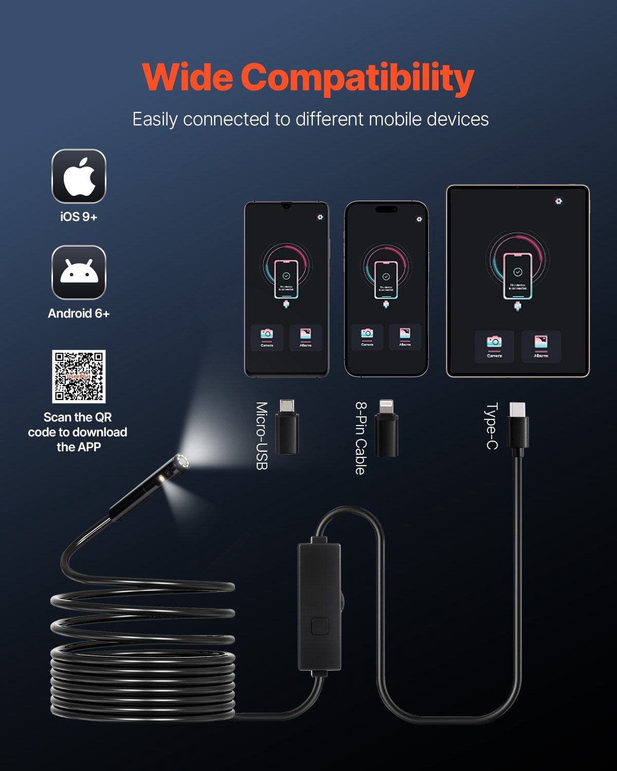 Endoscope Camera Dual Lens Borescope 1920P HD Inspection Camera 8+1 LED Light 2X Zoom 16.4FT Snake Cable IP67 Waterproof for Android iOS Auto Plumbing