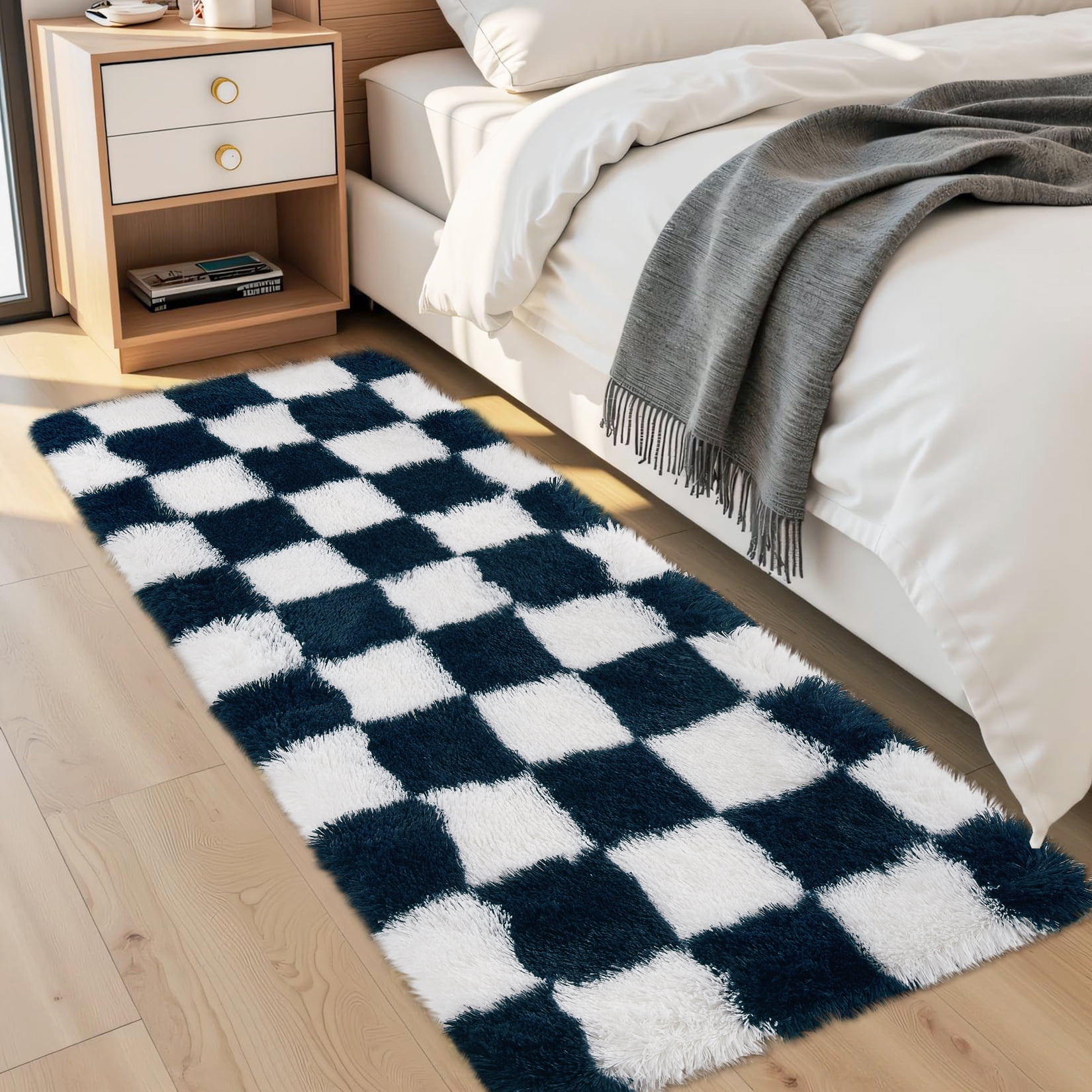 HOMERRY 2' x 6' Fluffy Runner for Kitchen Hallway Geometric Check Runner Rug Fuzzy High Pile Plush Carpet, Navy White