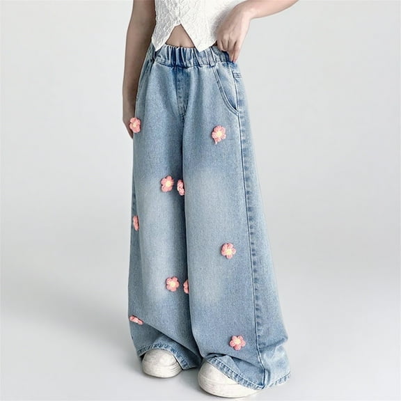 BLTIBY Girls Jeans Baggy High Waist Straight Leg Wide Leg Denim Pant Y2K Streetwear Fashion Comfortable Trousers with Pockets Pink 14-15 Years