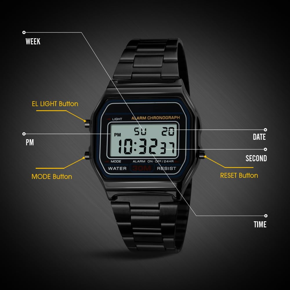 Classic Women's Digital Multifunction Sports Watch Stainless Steel Band Square Waterproof Electronic Led Watch