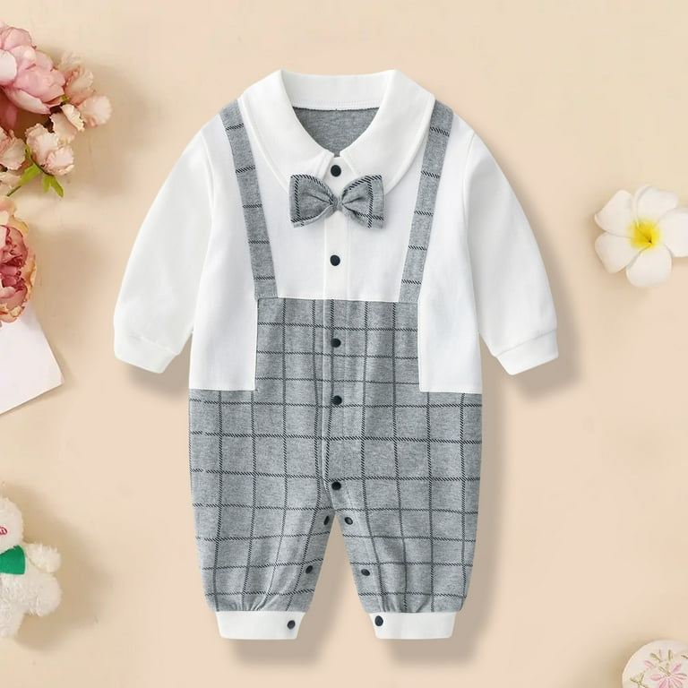 Posijego Toddler Baby Boys Gentleman Rompers Formal Outfit Long Sleeve Button Up Jumpsuit Party Wedding Clothes