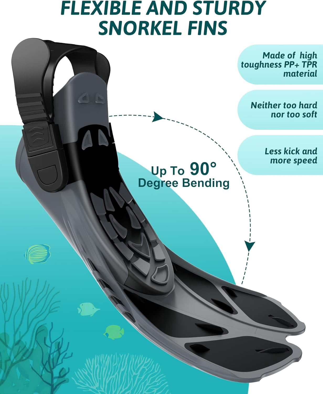 Greatever Snorkel Fins, Open Heel Swim Fins with Adjustable Buckles, Travel Size Short Flippers for Swimming Diving, Snorkeling Fins for Adults Youth