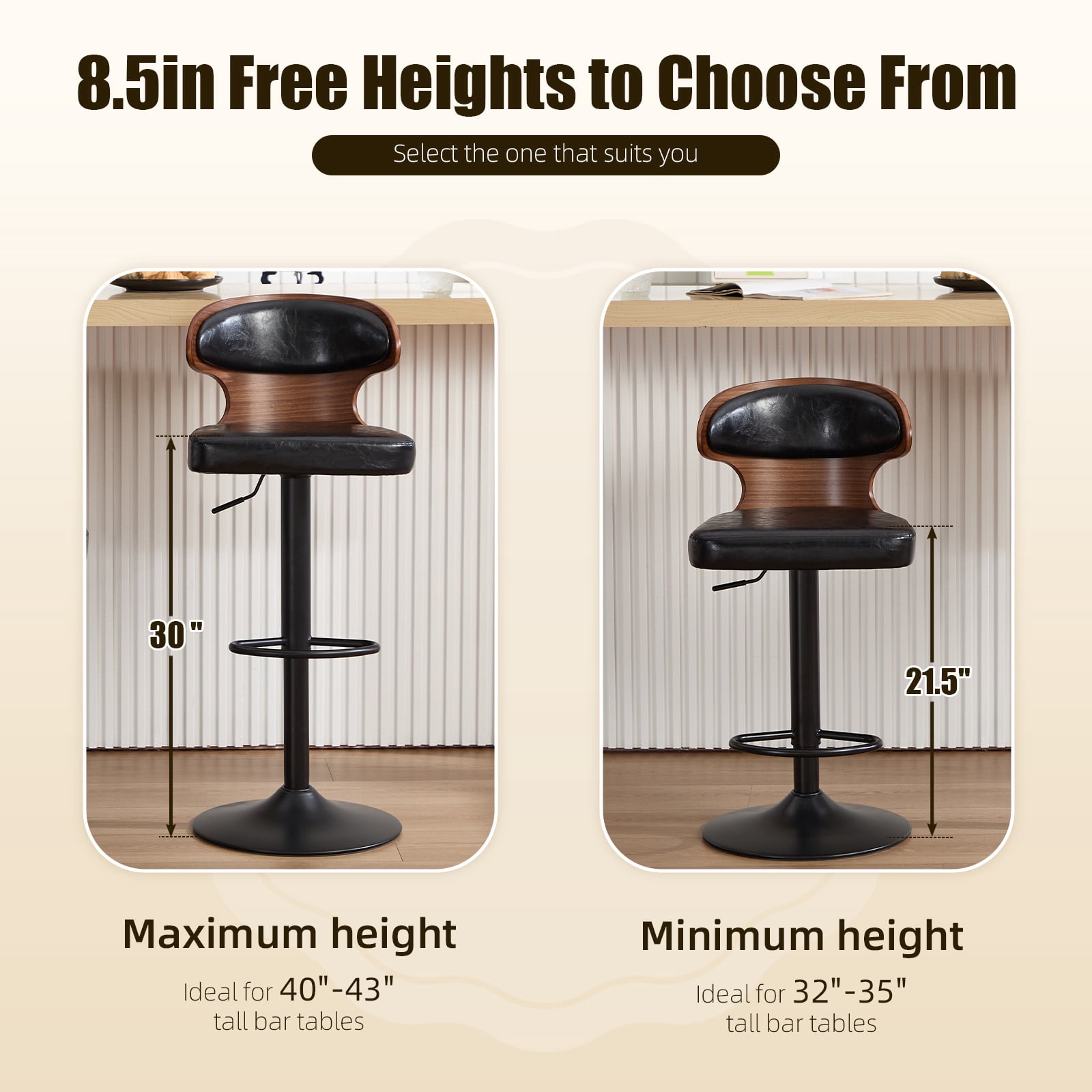 MOONMISS Swivel Bar Stools Set of 2, Wooden Kitchen Bar Chairs with Back, PU Leather Counter Height Barstools for Kitchen Island,