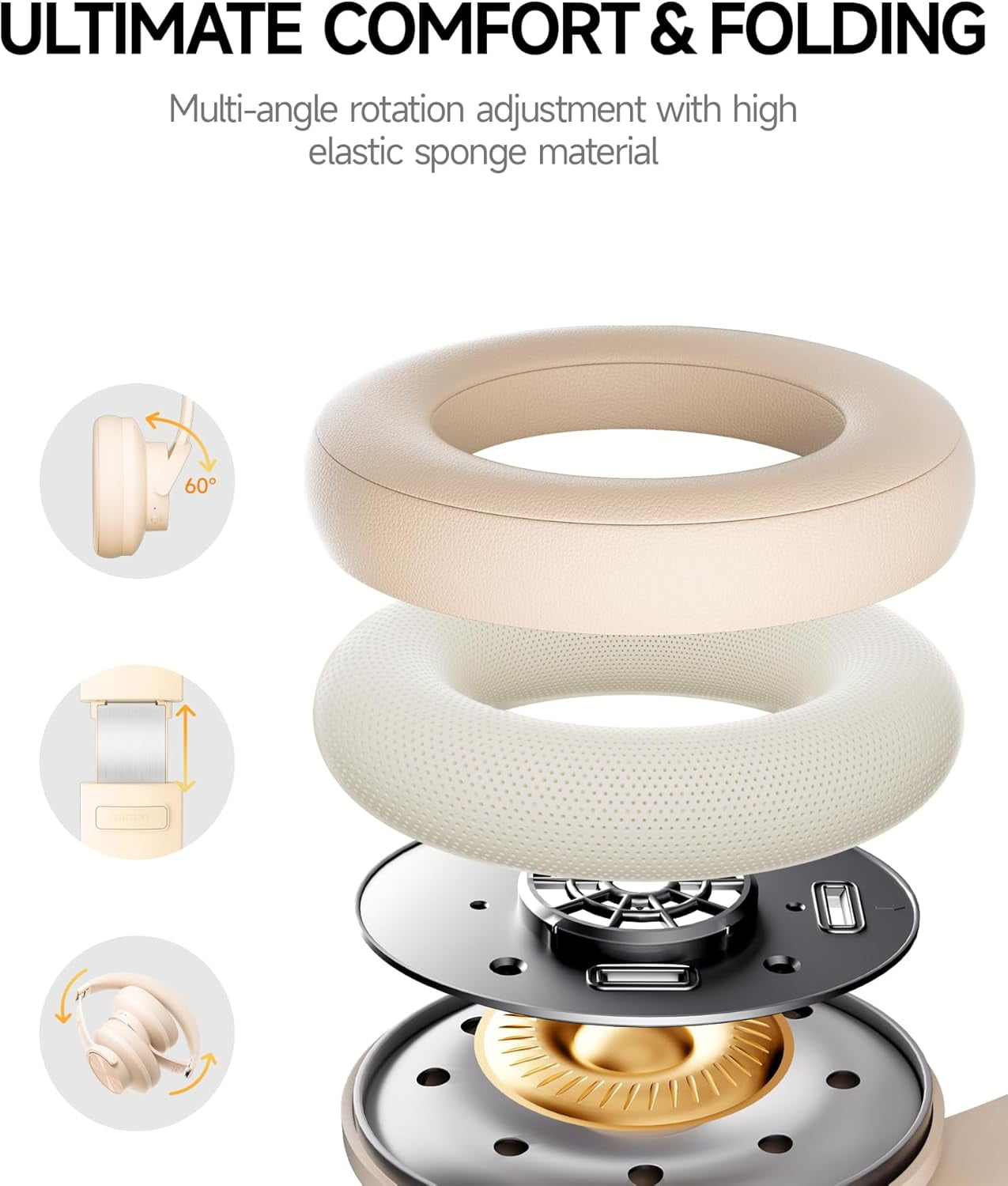 Picun B8 Bluetooth Headphones, 120 Hours Headphone Wireless Bluetooth, Hands-Free Calls, 3EQ & Game Mode, Foldable Headphones Over Ear for Travel Home Office Cellphone PC Khaki White