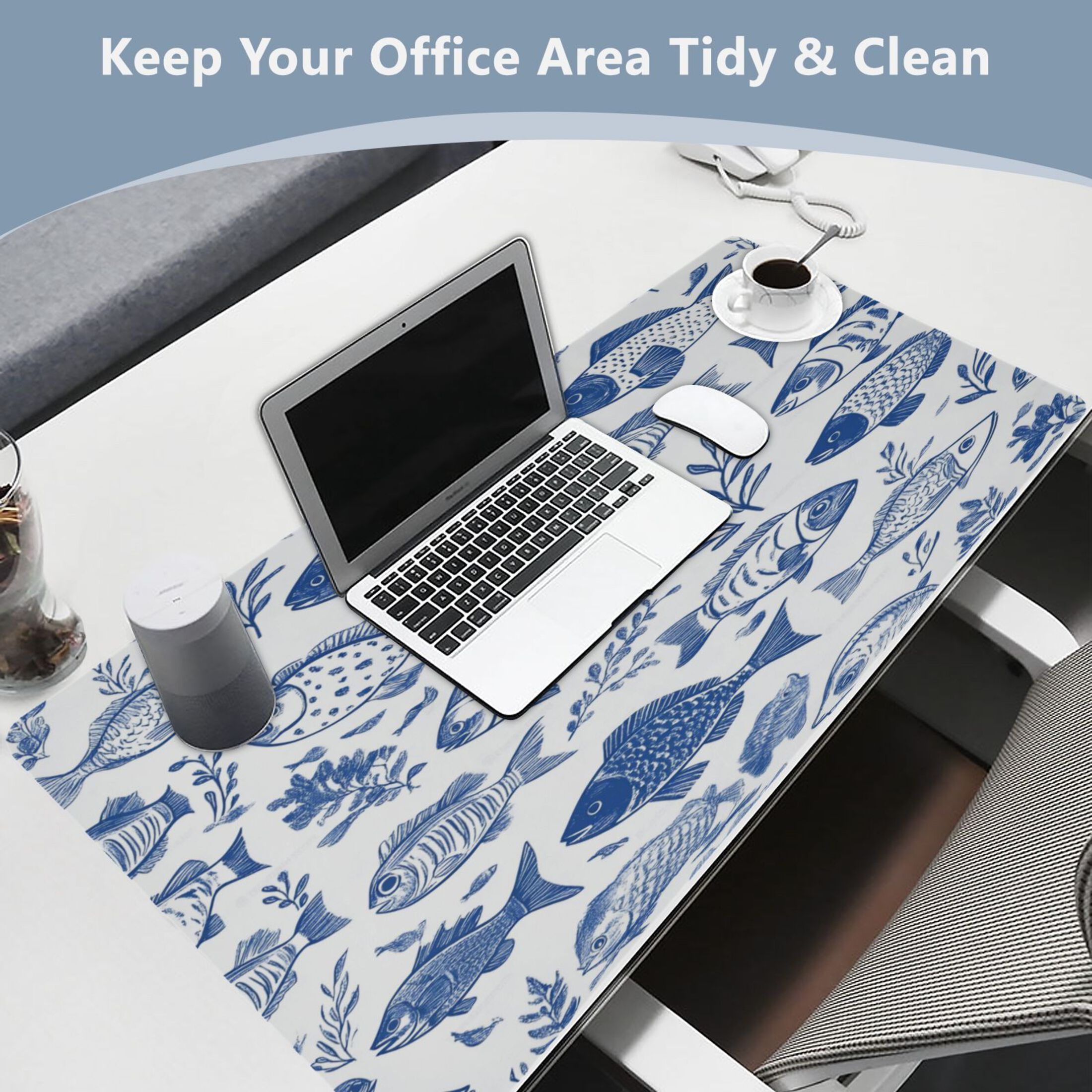 Leather Keyboard and Mouse Desk Mat Office Desk Accessories Protective Office Desk Decor Desk Pad Mat for Gaming, Work from Home, Office Hand-drawn Fish 16.5" x 35.4"
