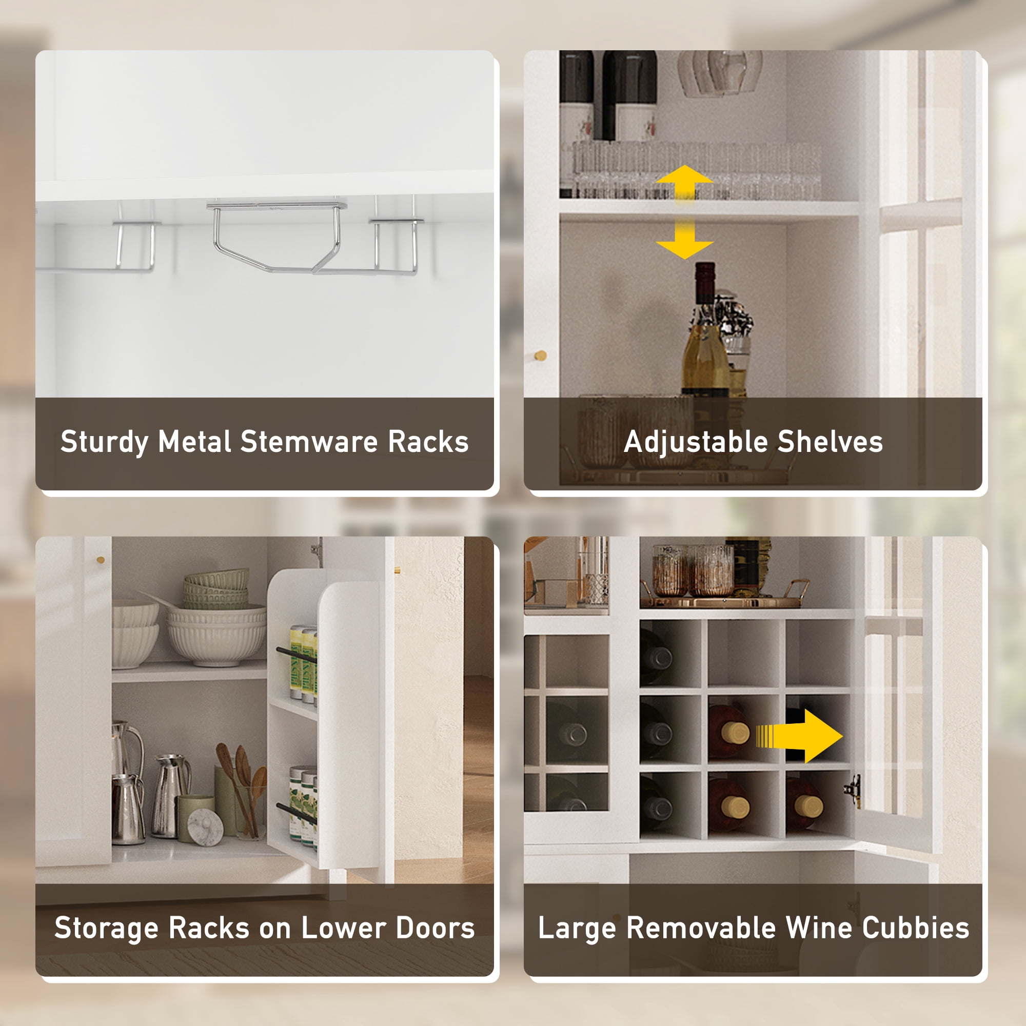 Euroco 78.7" Tall Modern Wine Bar Cabinet with Glass Doors,Coffee Bar Cabinet with 18 Wine Racks, Stemware Rack,Door Storage Shelves & Adjustable Shelves for Kitchen Dining Room,White