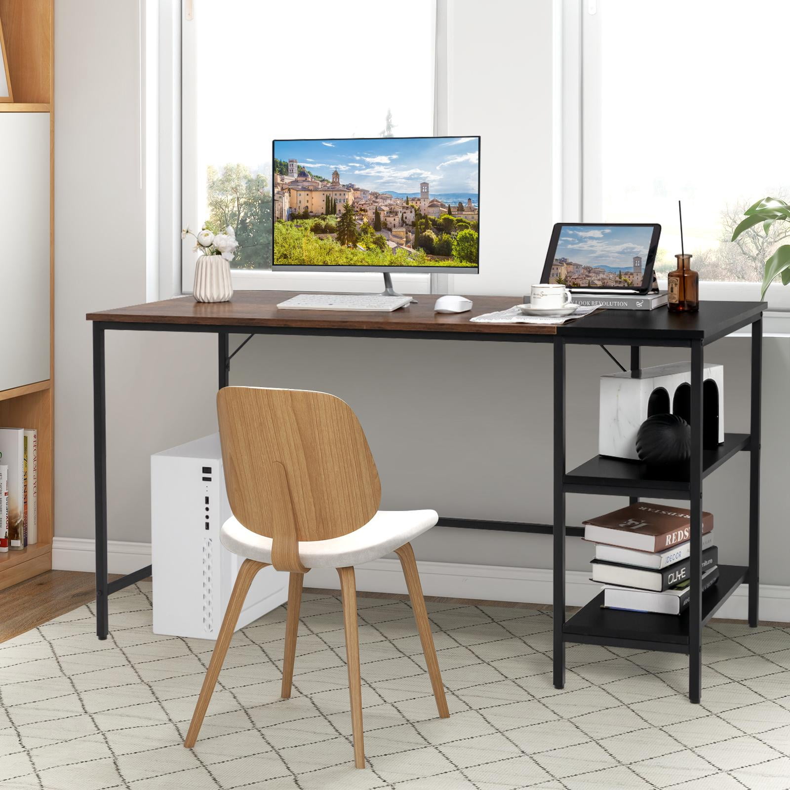 Giantex Large Computer Desk, PC Laptop Desk w/Storage Shelves, Industrial Home Office Desk for Writing, Studying, Gaming, Brown