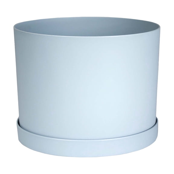 Bloem Mathers 8" Plastic Planter - Modern Indoor Pot with Drainage Holes and Saucer Tray, Misty Blue