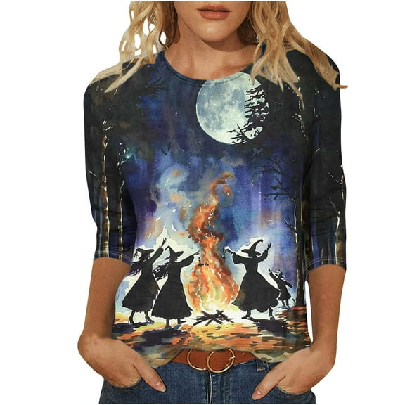 Raeneomay 3/4 Length Sleeve Womens Tops Halloween Day Round Neck T-Shirt Loose Top