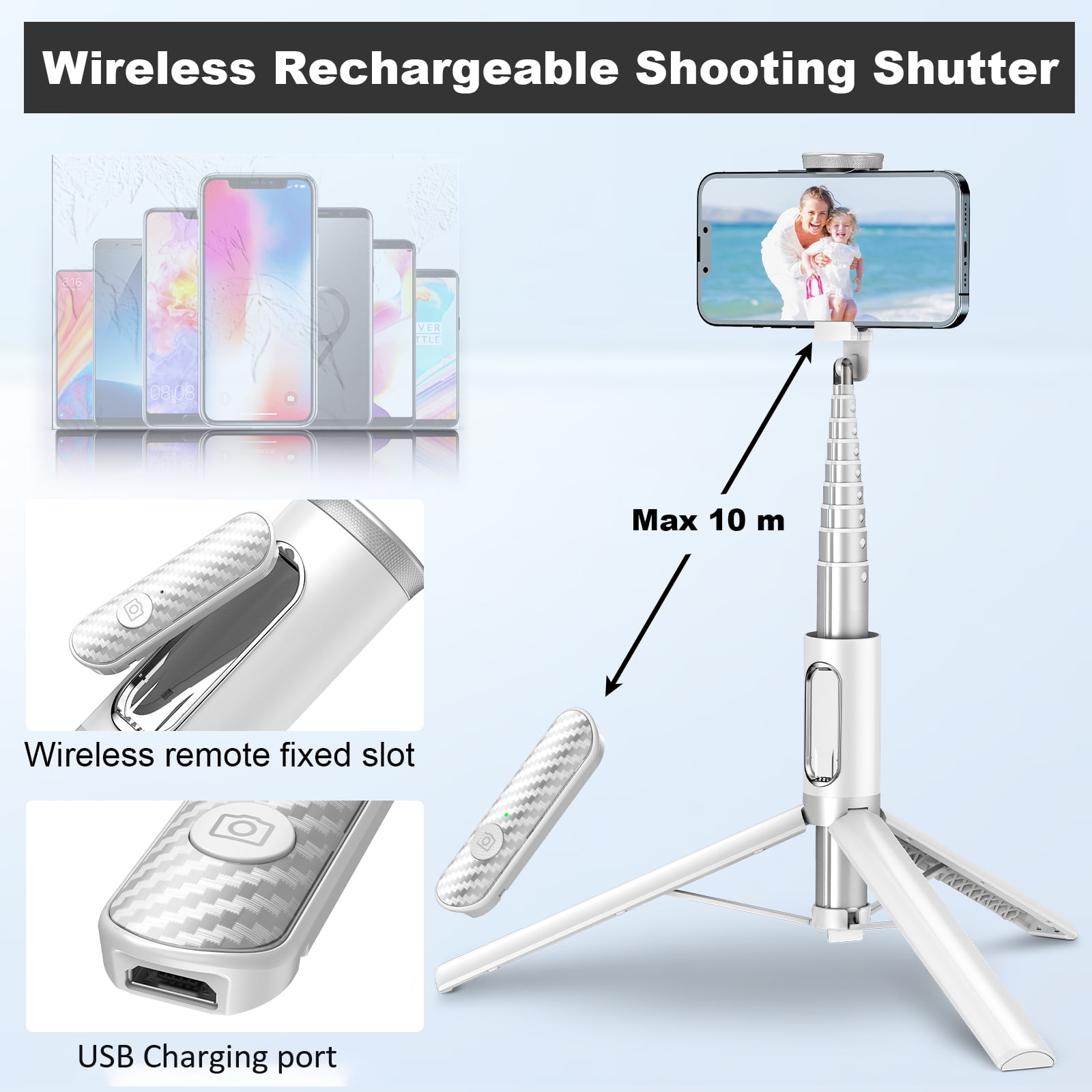 TONEOF 67in White Phone Tripod Selfie Stick with Remote control Portable for 4-7” iPhone and Android