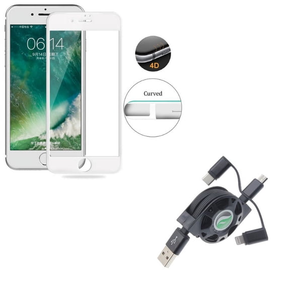 iPhone 8/7/6S/6 - Tempered Glass Screen Protector w Retractable USB Cable - 4D Touch Curved Edge Full Cover Bubble Free Case Friendly, Charger Power Cord 3-in-1 Wire for iPhone 8/7/6S/6