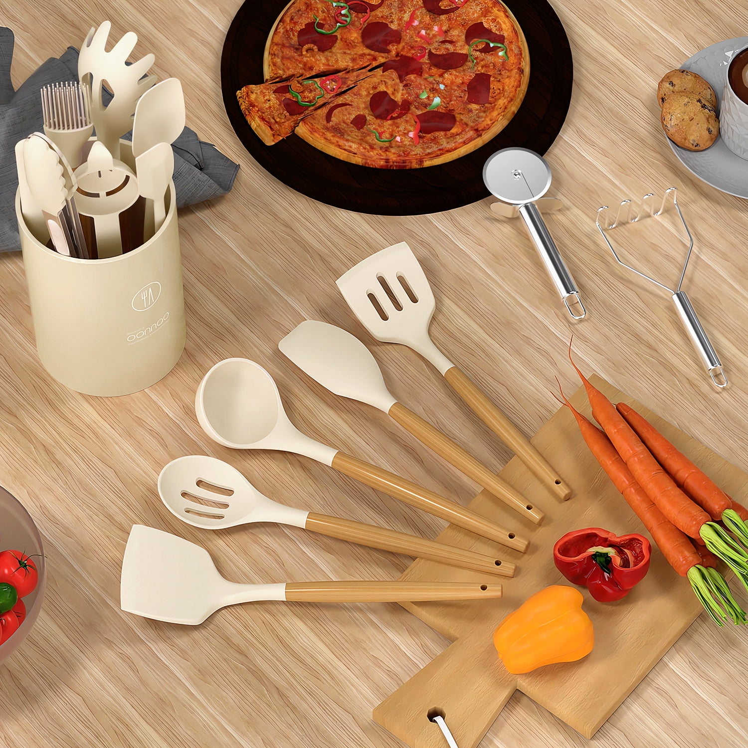 35 Silicone Cooking Utensils Set - 446°F Heat Resistant Silicone Kitchen Utensils for Cooking Sets, BPA FREE Kitchen Utensil Spatula Set for Non-Stick Cookware, Kitchen Gadgets (Cream White)