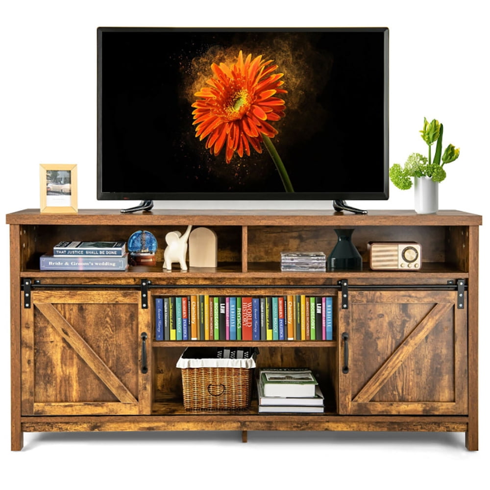 Finihen TV Stand, TV Cabinet, 59 Inch Sliding Barn Door TV Stand with Adjustable Shelves for TVs up to 65 Inch, for Living Room, Bedroom, Coffee