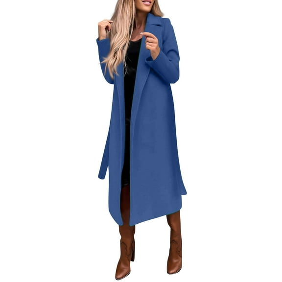 Ovticza Womens Classic Coat Lapel Collar Open Front Belted Long Jacket Blue S