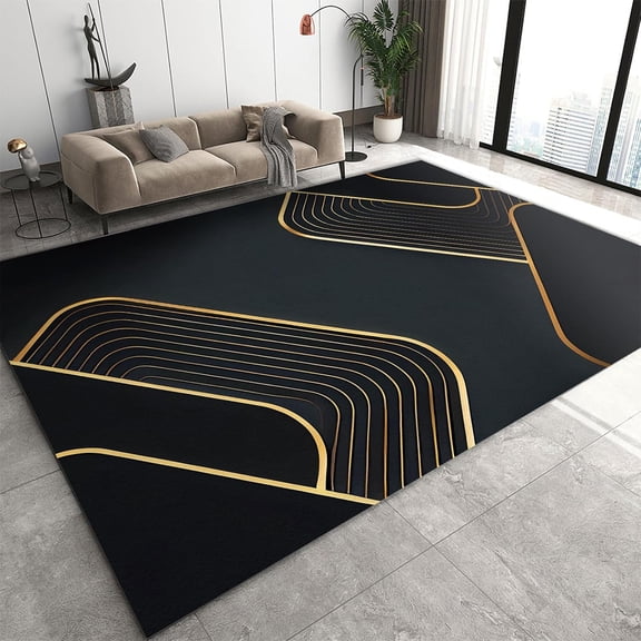 Nordic Black Gold Area Rug, Modern Abstract Black Gold Ribbon Bedroom Rug, Machine Washable Soft Carpet for Living Room Apartment Entryway Outdoor, 2'x3'
