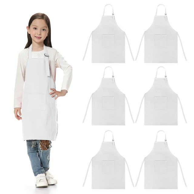 TOPTIE 6 Pack Kids Aprons with Pocket & Adjustable Strap, Child Chef Bib Apron for Kitchen Cooking Baking Painting-White-L