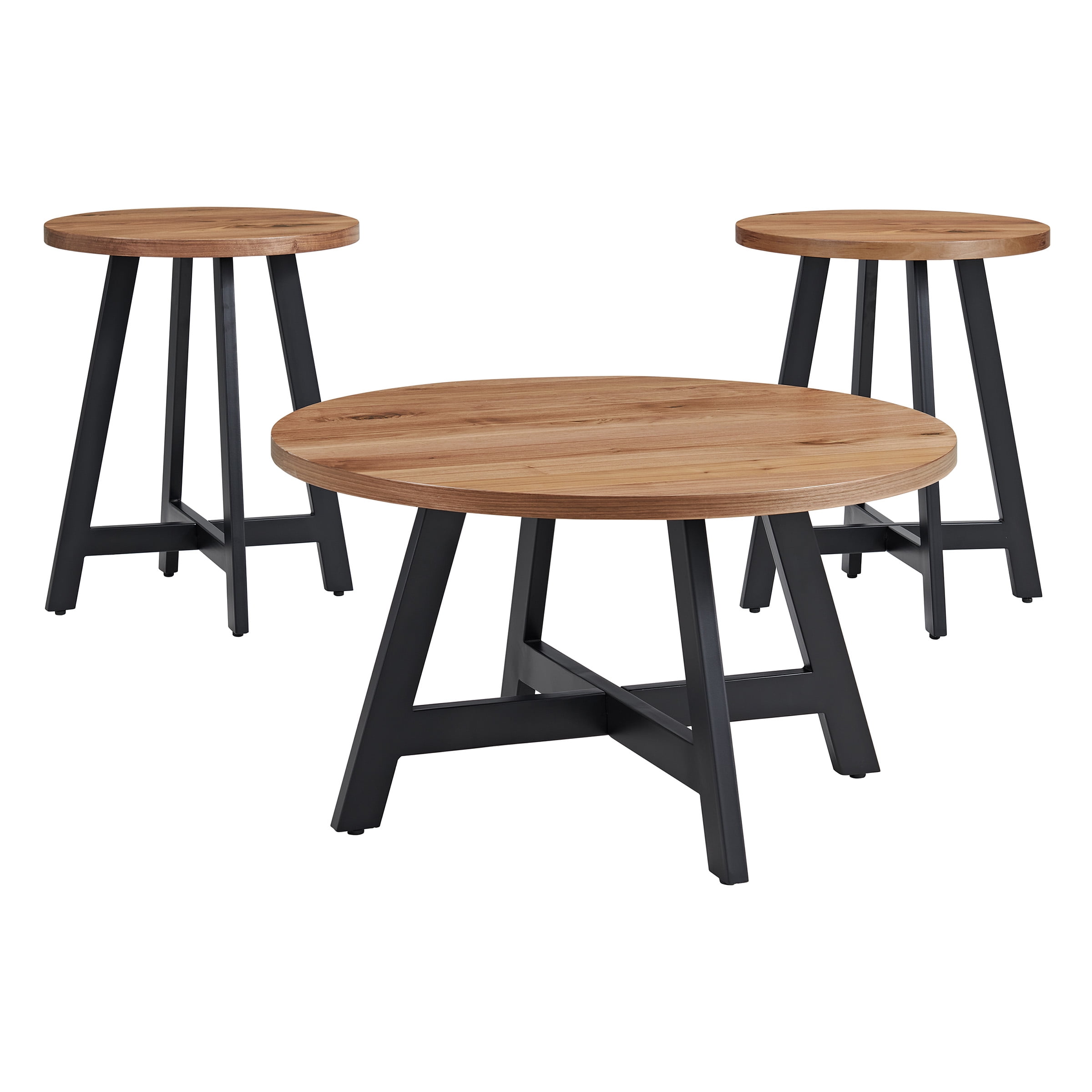 Lavish Home 3PC Industrial Round Coffee Table Set with Side Tables (Walnut)