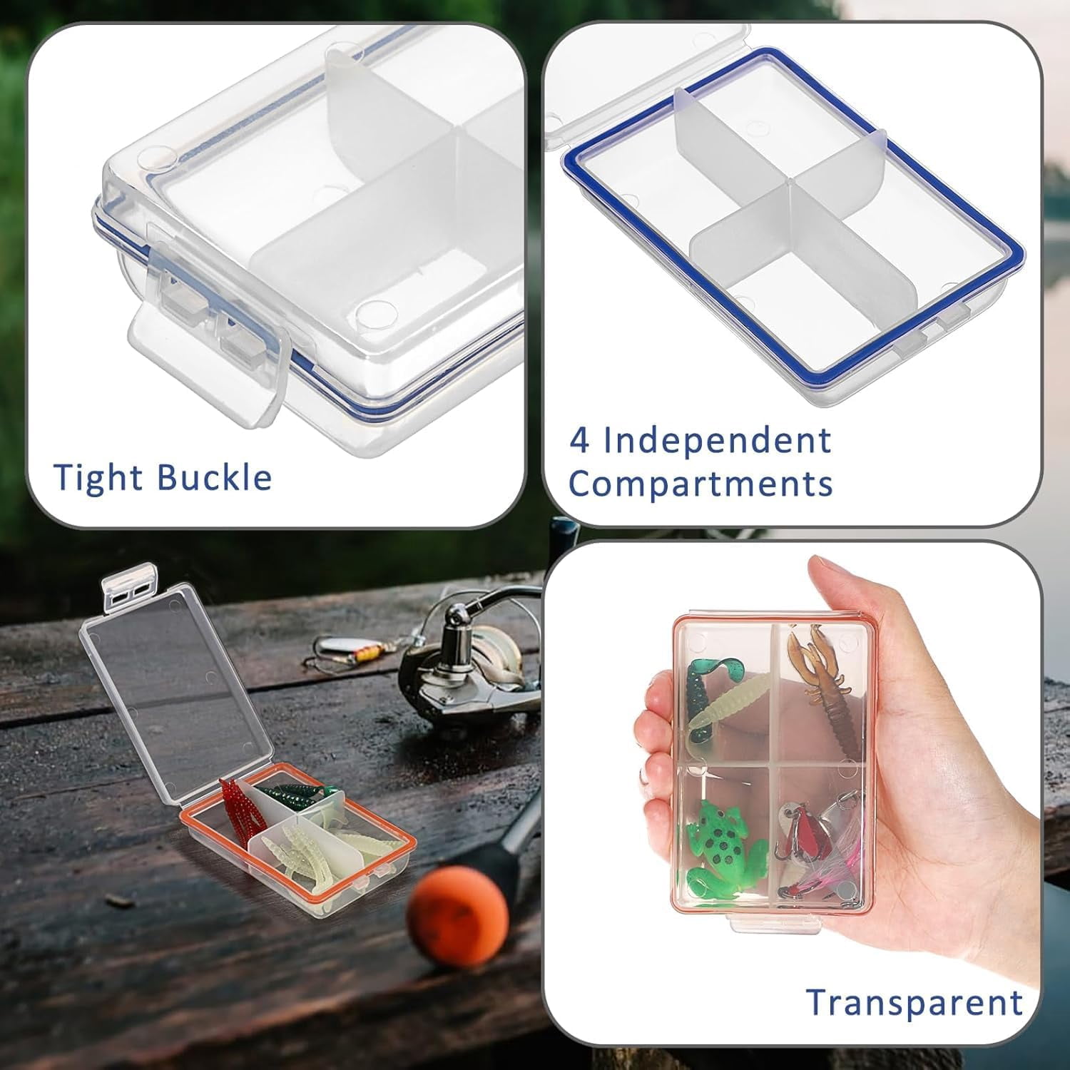 12 Pack Plastic Small Fishing Tackle Box Organizer with 4 Compartments, Clear Mini Fishing Tackle Storage Boxes with Dividers, Transparent Fish Pocket Tackle Storage Box Lure Box