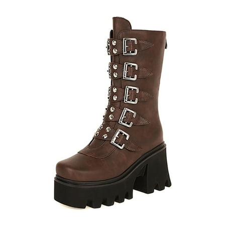 

Lumento Womens Knee High Boot Chunky Platform Punk Bootie Zip Up Combat Boots Non-slip Shoes Work Lightweight Lug Sole Fashion Booties Dark Brown 12