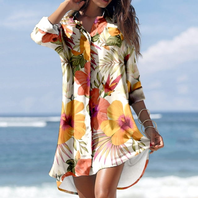 Cache-maillots pour Femmes, Été, Décontracté, Col Rabattu, Manches Longues, Blouse Imprimée à Boutons avec Poche, Robes Chemises, Cache-Maillots pour Maillots de Bain pour Femmes en Liquidation