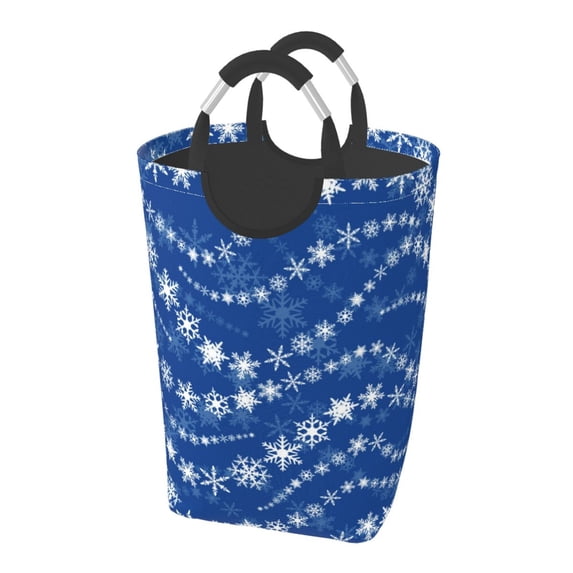 DouZhe 50L Rectangular Laundry Basket, Blue White Winter Snowflakes Prints Waterproof Foldable Laundry Hamper with Aluminum Handles