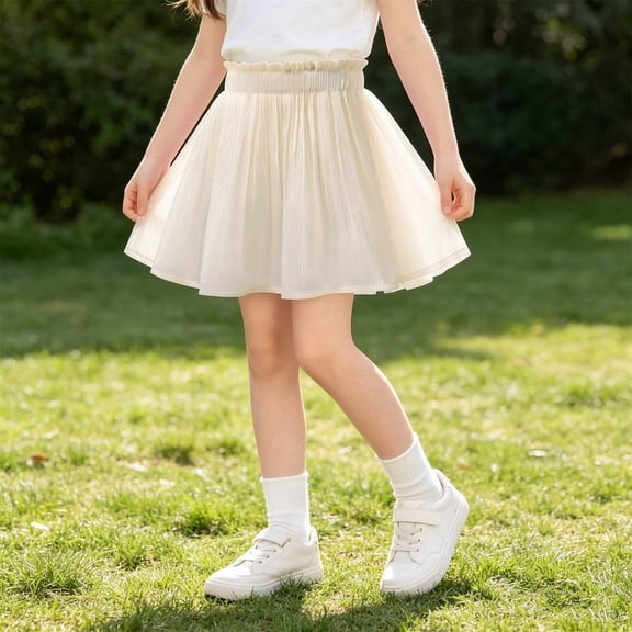 Girls Tulle Tutu Skirt A-Line Mini Dance Skirt with Elastic Waist Beige for Kids,Size 7-8 T