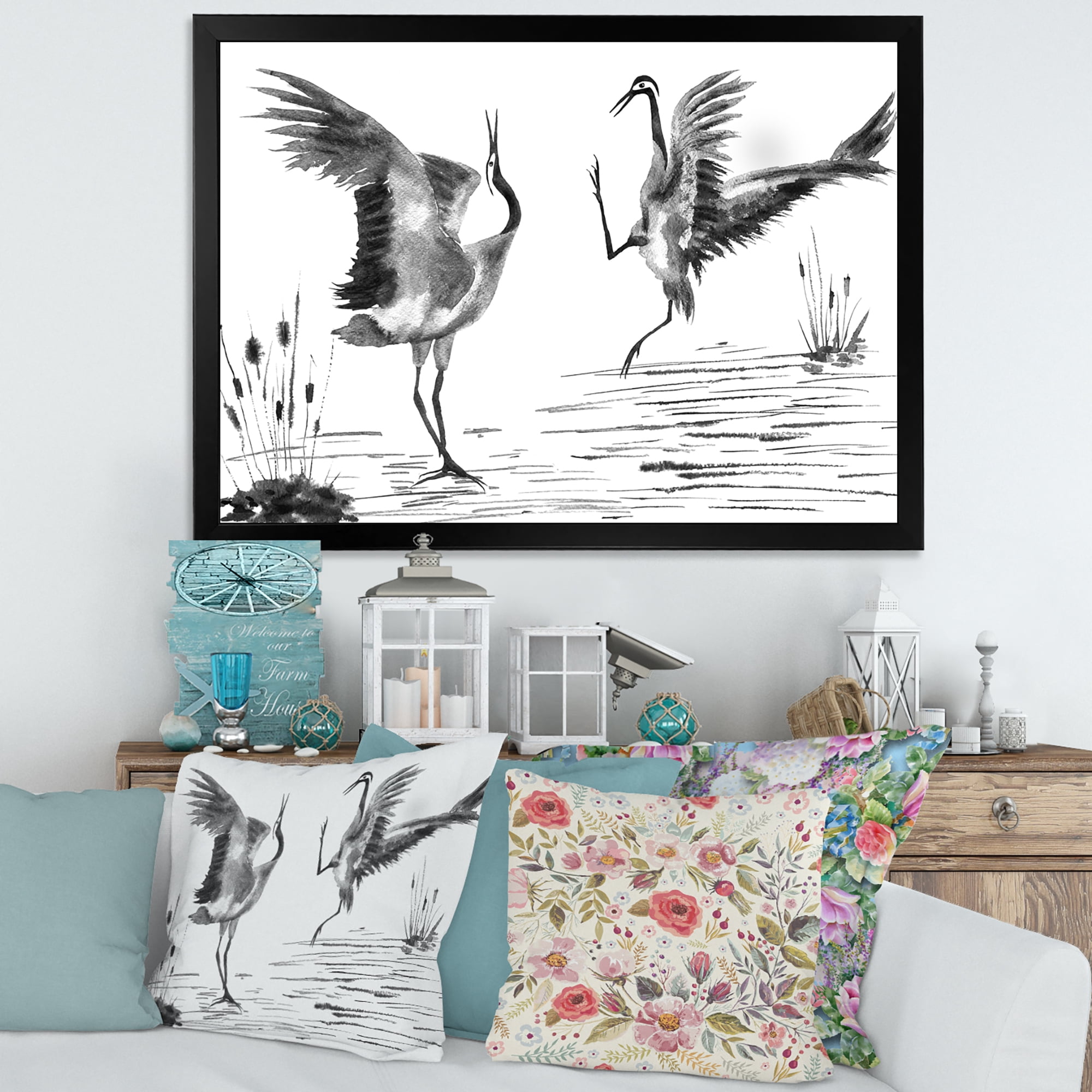 Designart 'Monochrome Two Enamored Japanese Cranes Birds' Traditional Framed Art Print