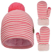 Maylisacc Winter Warm Striped Hat Set PomPom Cute Fleece Lined Thermal Mittens Gloves Sets Gift for Baby Girls Boys Aged 2-5