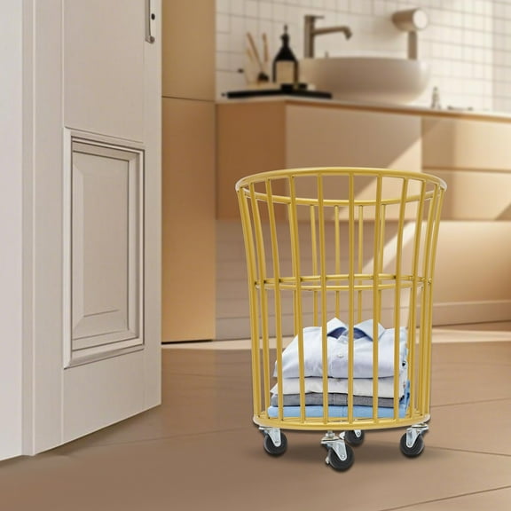 30*36*45cm Metal Deep Set Metal Mesh Laundry Basket Storage Cart Golden with 4 Wheels Round