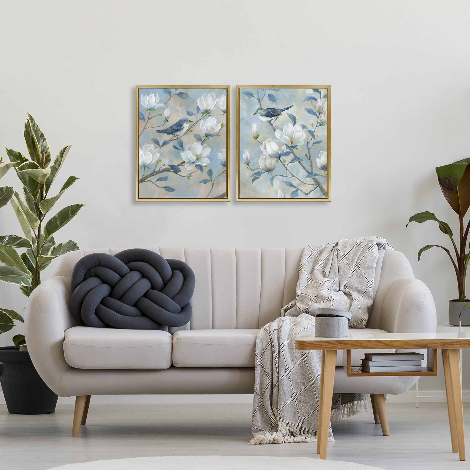 Stupell Industries Blue Birds in Magnolia Tree 2 Piece Gold Framed Floater Canvas Set, design by Nan