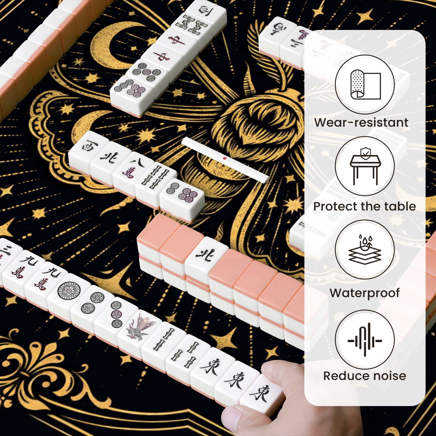 Mahjong Mat 31.5" x 31.5" Mystical Celestial Moth Stars Moons Geometric Patterns Gold Black Non-Slip Noise Reduction Mahjong Tiles Table Cover for Dominoes Poker Card Board and Tile Games