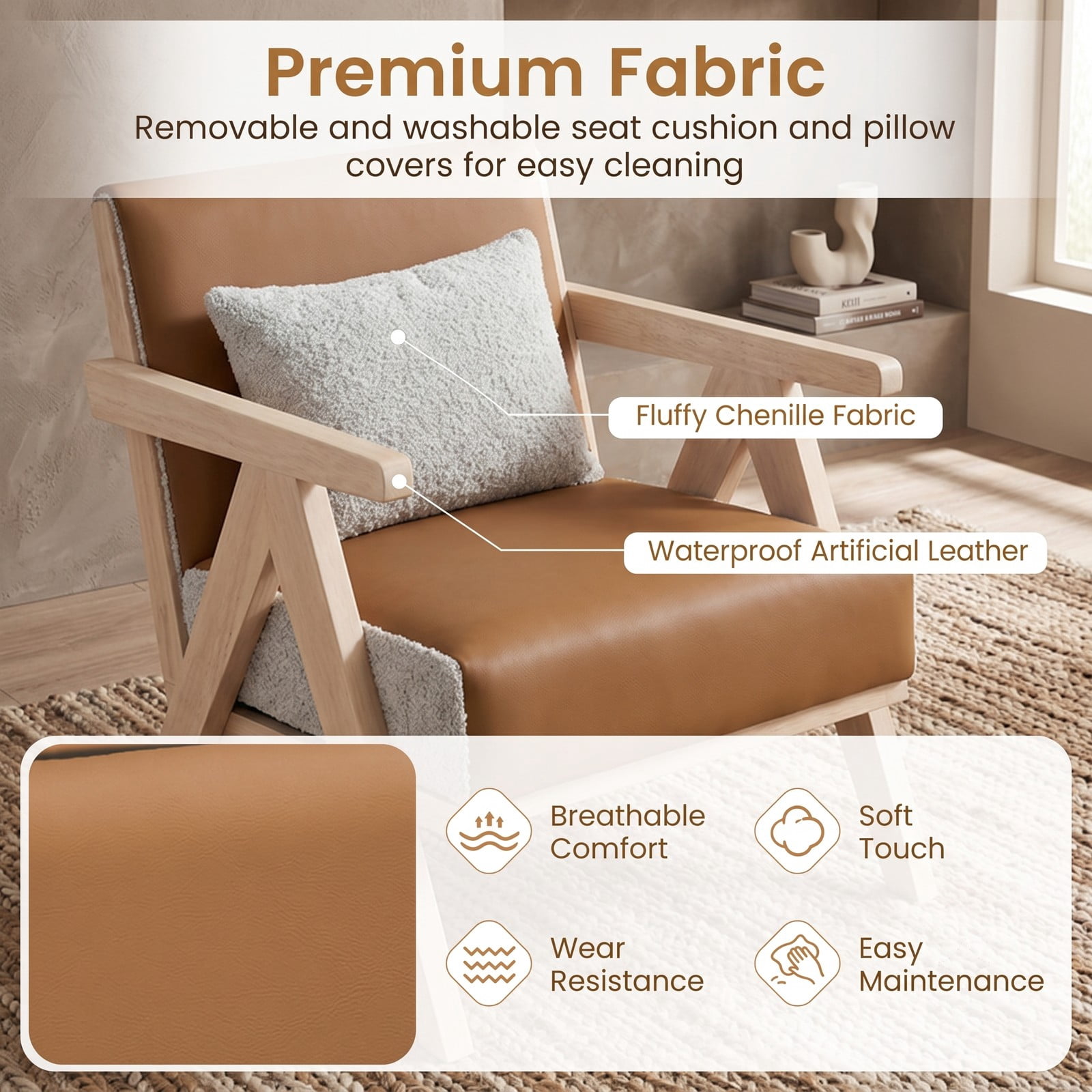 Furnibear Mid-Century Modern Accent Chair, Faux Leather Upholstered Armchair with Chenille Fabric, Rubber Wood Frame, Pocket Spring Cushion for Living Room, Brown