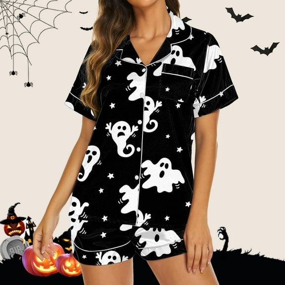SNOWSONG Pj Sets for Woman, Halloween Pajamas Women Graphic Sleepwear Button T-shirt Shorts Pajamas Set, Halloween Pj, Lounge Sets for Women Black L