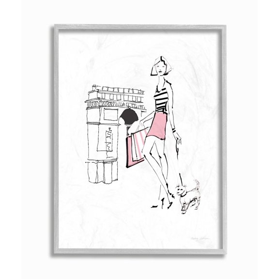 Stupell Industries Chic Paris Fashion Dog Walker Pink Black Sketch Framed Wall Art Design by Avery Tillmon, 16" x 20", Gray Framed