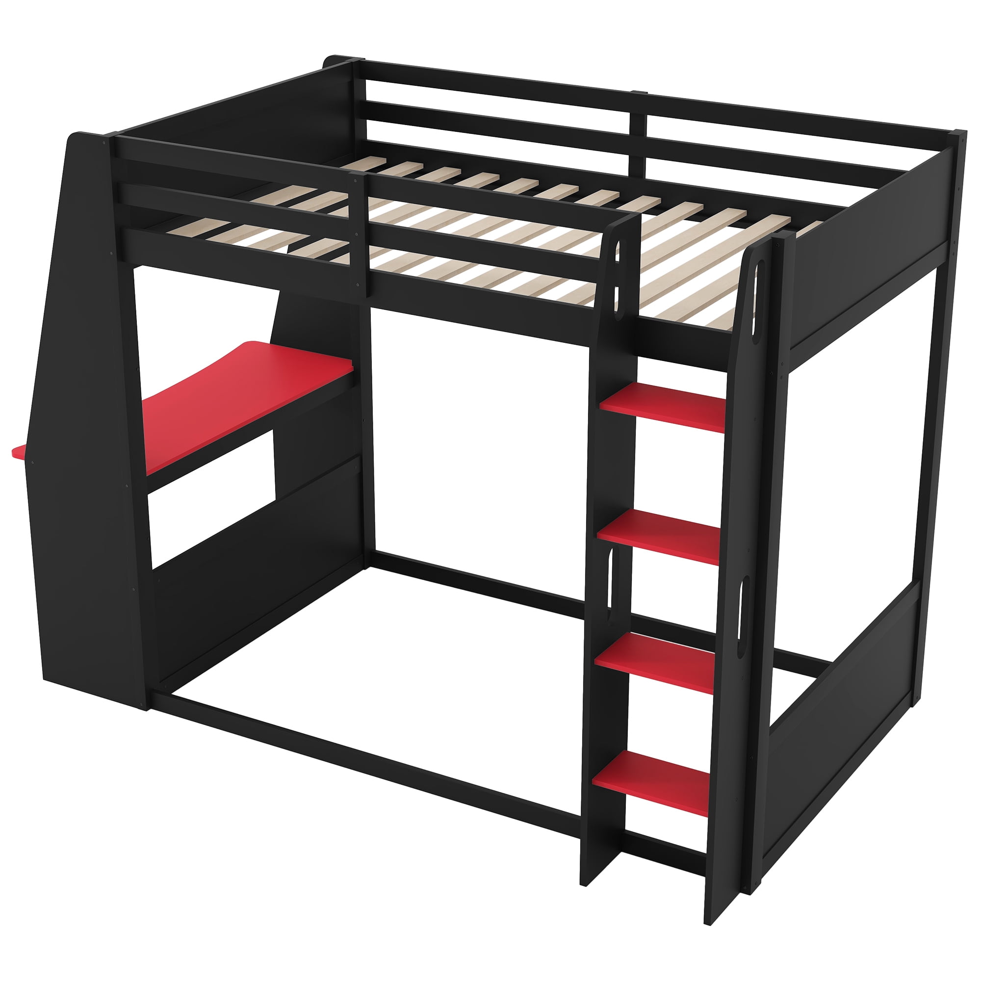 Euroco Wood Twin Size Bunk Bed with Desk and Shelves, Gaming Bed with LED Light and USB Charging, Red