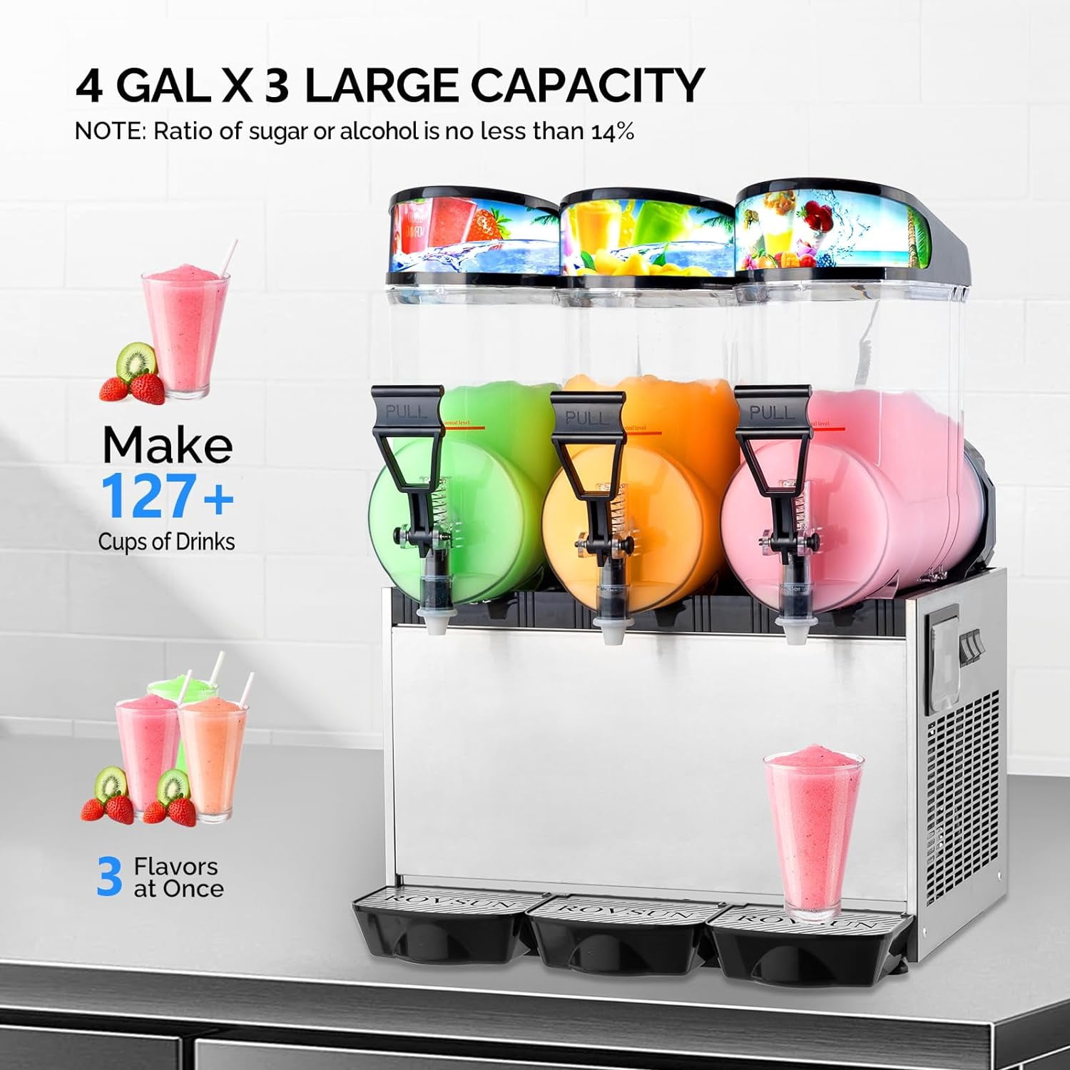 ROVSUN 12 Gal/45L Slushie Machine, 15L X 3 Tanks Commercial Slushy Machine Slush and Juice Modes, Margarita Machine Frozen Drink Maker Stainless Steel for Home Restaurant Bar Party 110V/60HZ