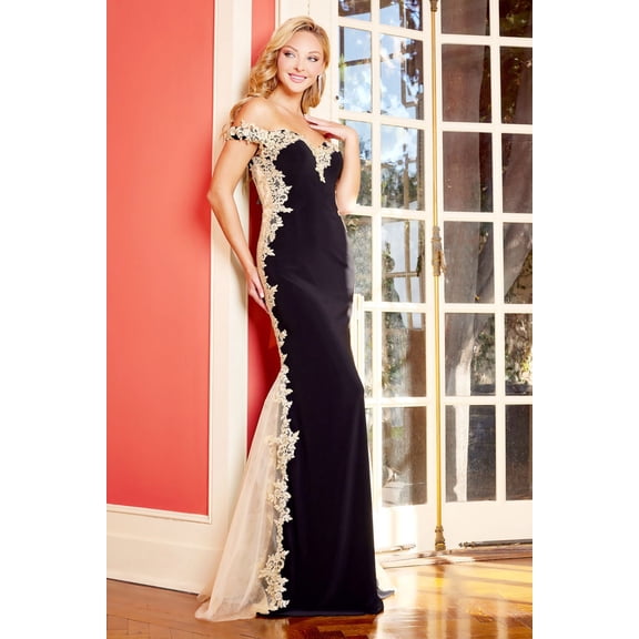 Women's Adora Design 3117 Off Shoulder Mermaid Long Applique Prom 2026 Dress Black And Gold Size M Black/gold