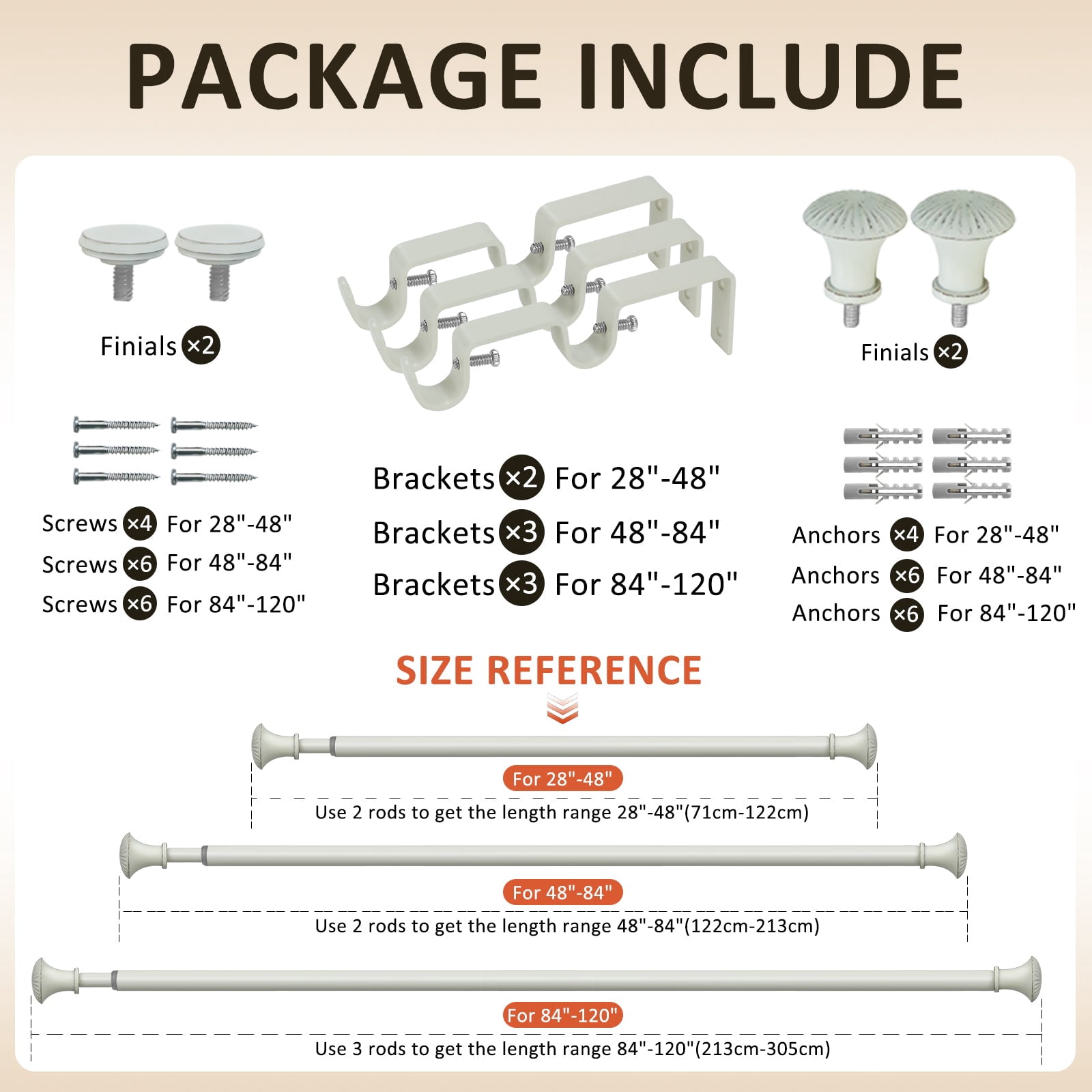 Ridicili 5/8" Telescoping Double Curtain Rods with Trumpet Finials, Weathered White, 84"-120", 5/8 Inches Front and 1/2 Inches Back Double Window Drapery Rod