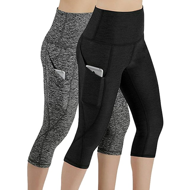 Oucaili 2 Paquetes Leggings capris de cintura alta para mujer Activewear Workout Running Pantalones recortados con bolsillos