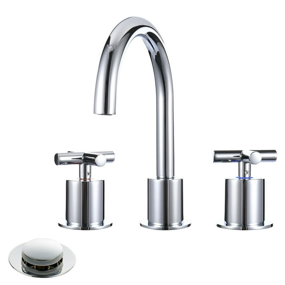 MR. FAUCET 2 Cross-Handle Bathroom Sink Faucets 3 Hole Deck Includes SUS304 Stainless Steel pop-up Drain with Overflow& Water Supply Hose, Brass Chrome