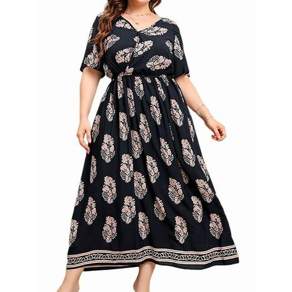 Women Plus Size Short Sleeve Dress Loose Summer Casual A-Line Flowy Midi Dresses Navy Blue XXL